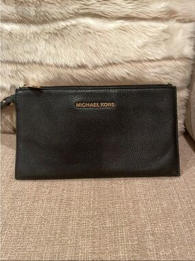Michael Kors Black Leather Zip Clutch with Gold Logo